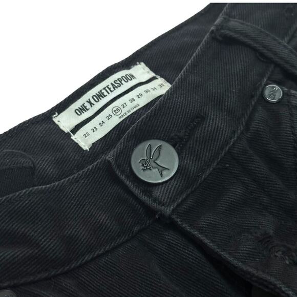 ONE TEASPOON HAWKS Relaxed Jean Shorts High Rise Twisted Cuff Ripped Black 26 - Picture 4 of 10